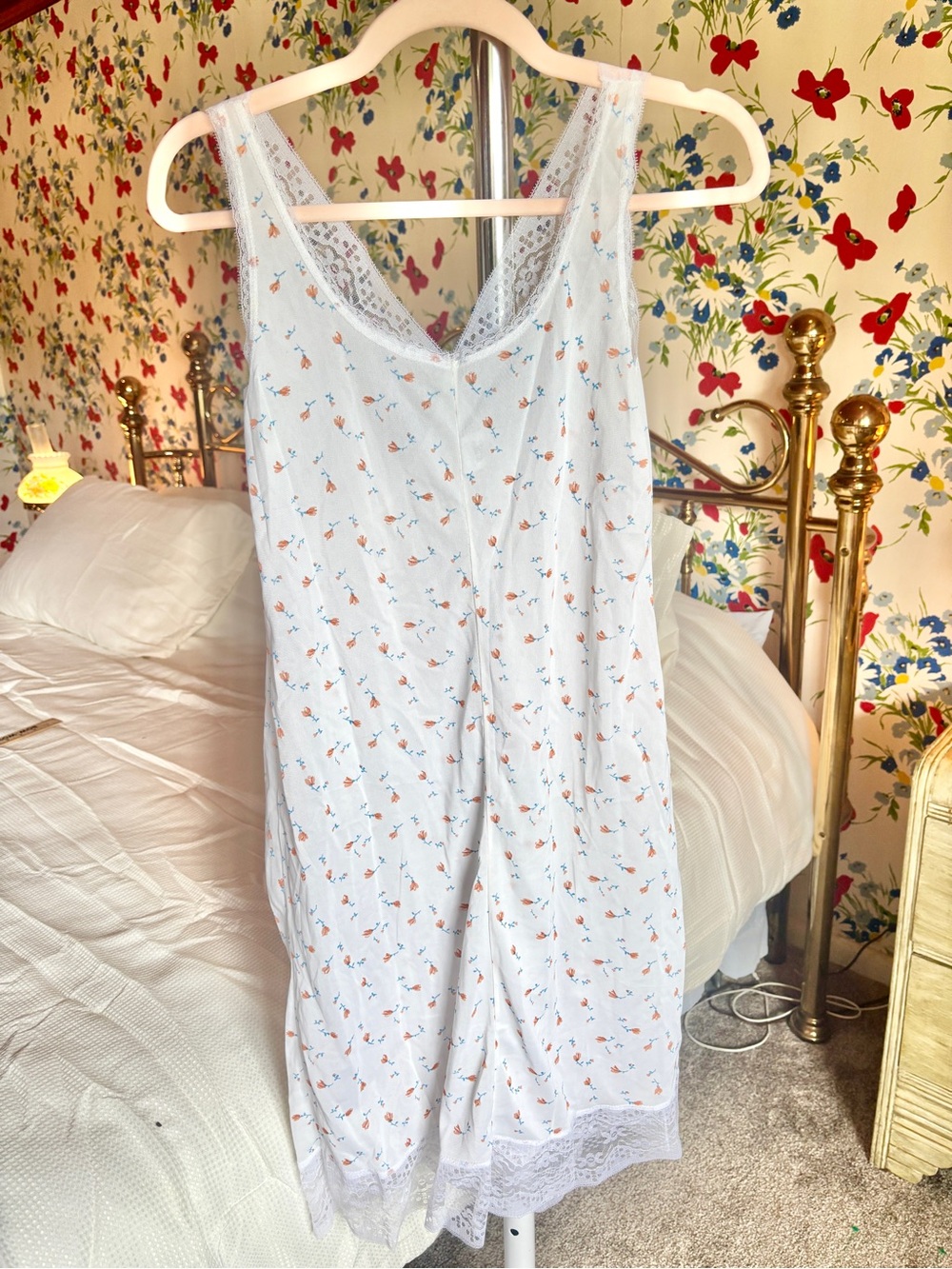 vintage cottagecore floral lace slip dress nightgown white blue peach fairycore - Picture 4 of 5